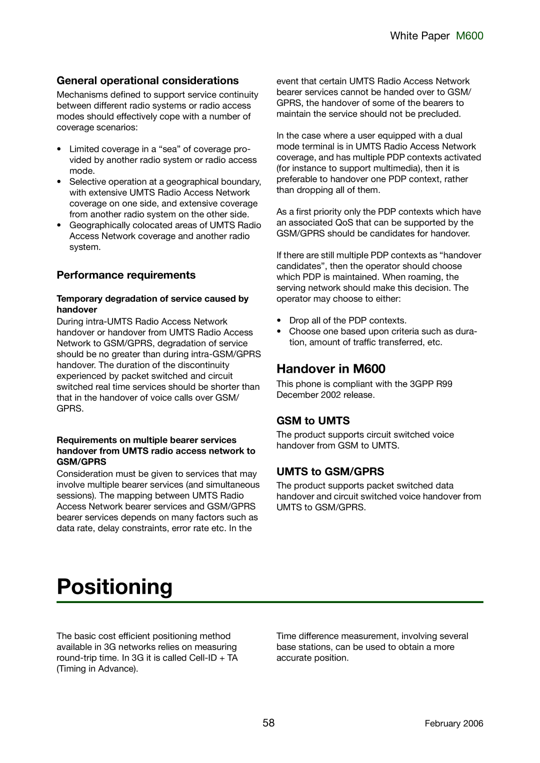 Sony Ericsson manual Positioning, Handover in M600 