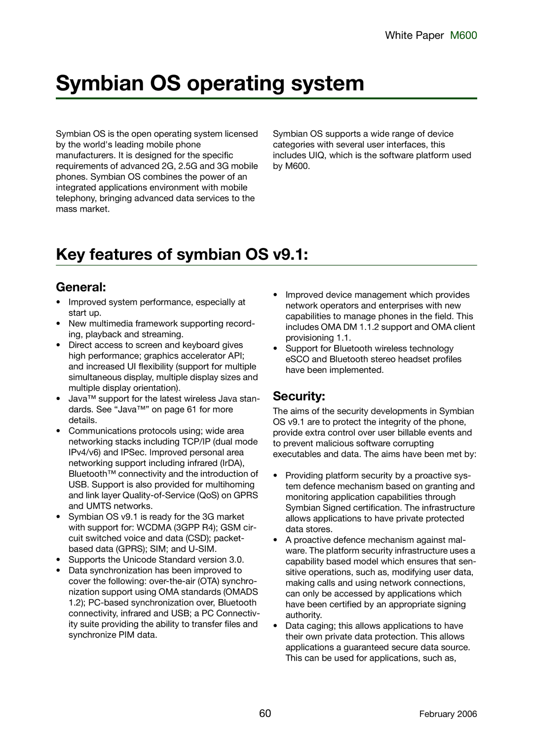 Sony Ericsson M600 manual Symbian OS operating system, Key features of symbian OS, General 