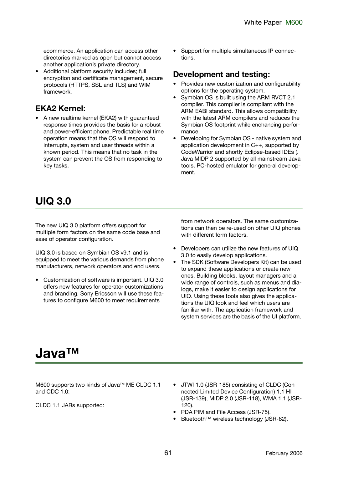 Sony Ericsson M600 manual Java, Uiq, EKA2 Kernel, Development and testing 