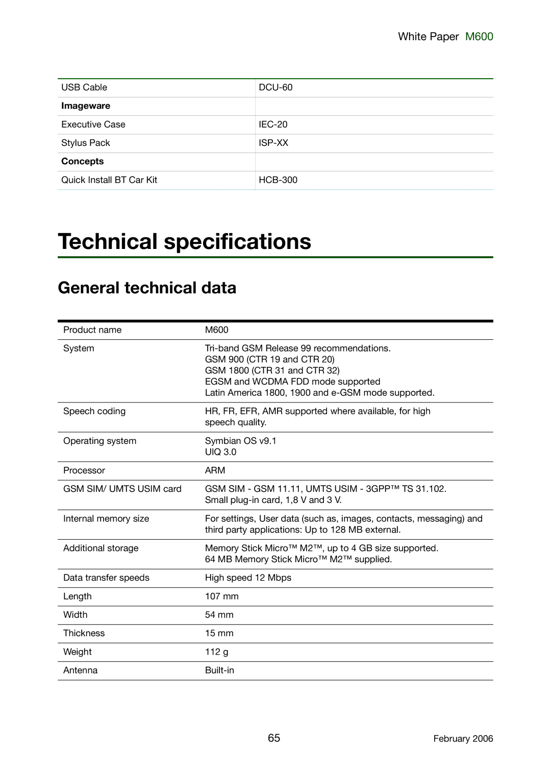 Sony Ericsson M600 manual Technical specifications, General technical data, Imageware, Concepts 