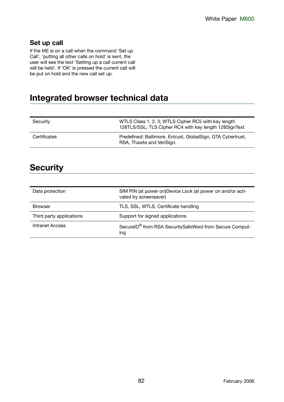 Sony Ericsson M600 manual Integrated browser technical data, Security, Set up call 