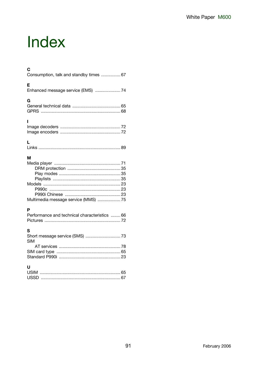 Sony Ericsson M600 manual Index 