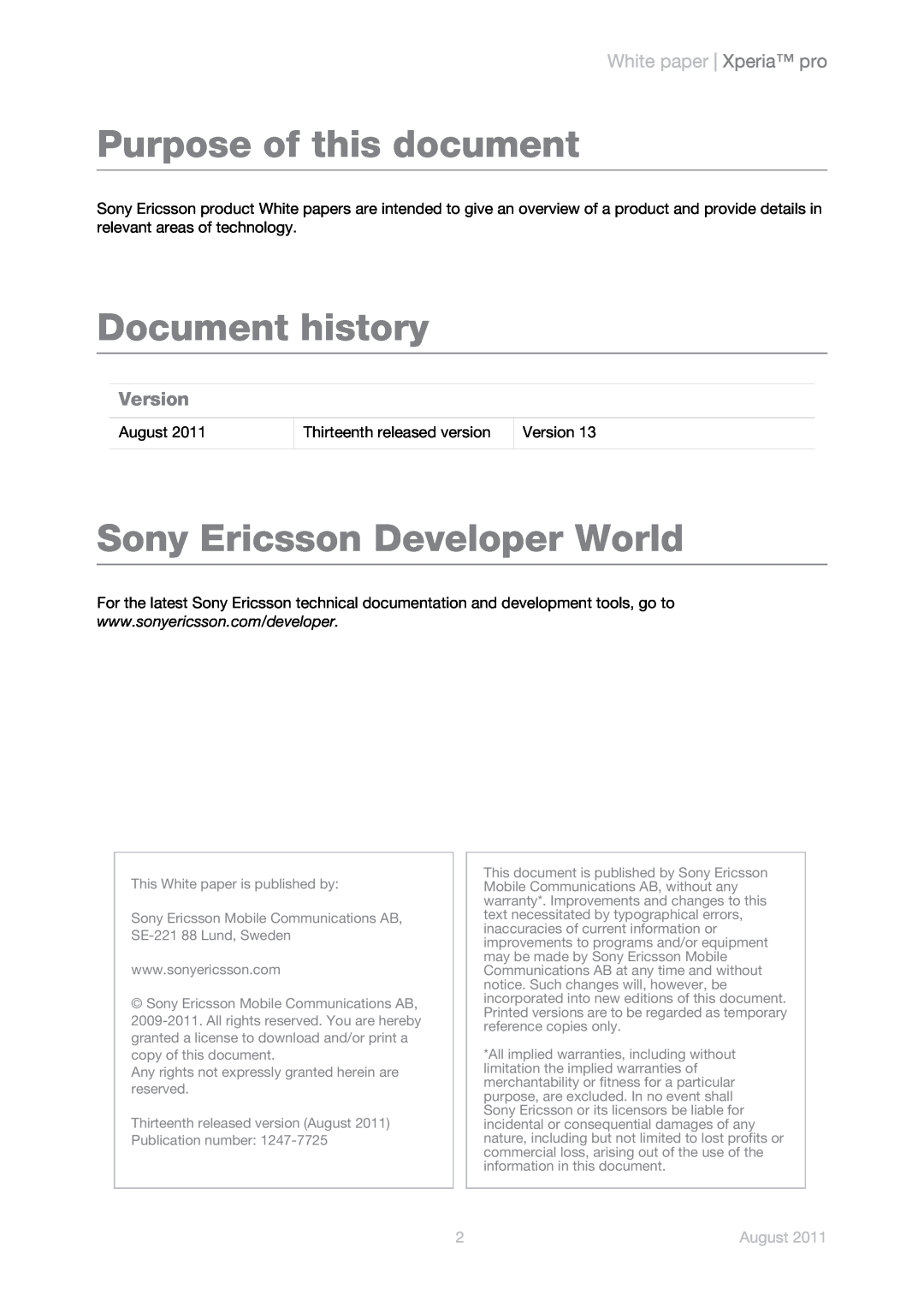 Sony Ericsson MK16a, MK16i manual White paper Xperia pro, Version, August, Purpose of this document, Document history 