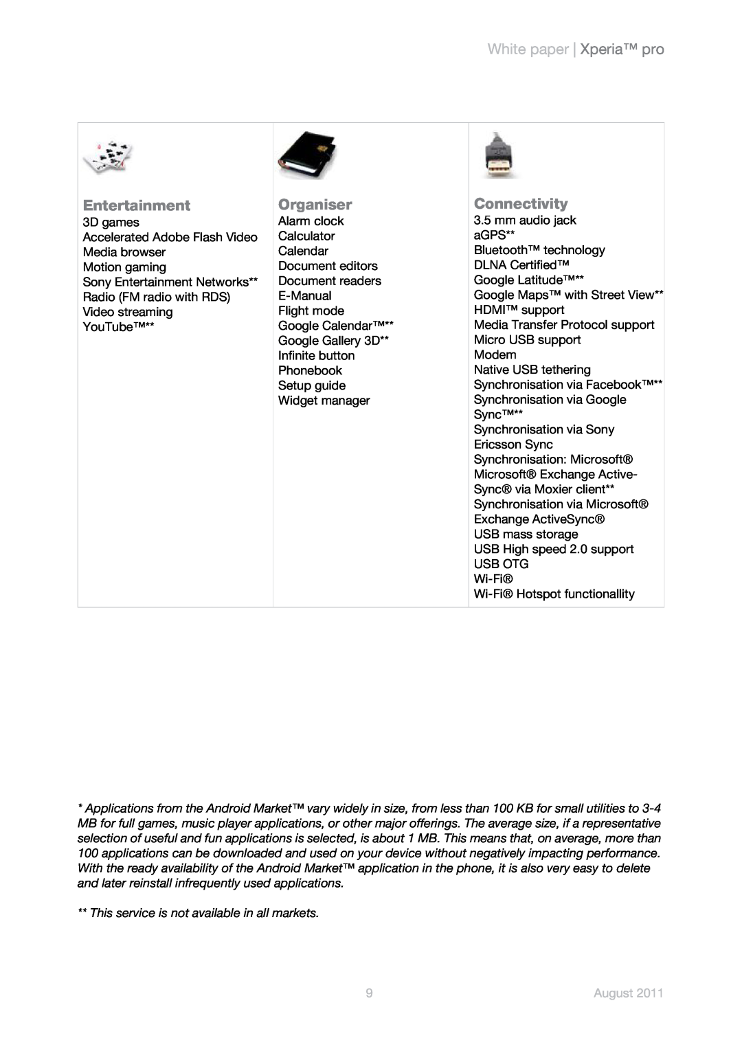 Sony Ericsson MK16i, MK16a manual Entertainment, Organiser, Connectivity, White paper Xperia pro, August 