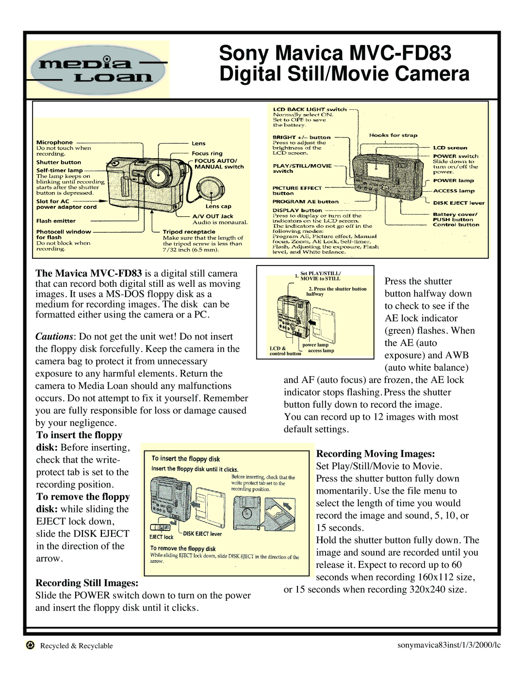 Sony Ericsson MVC-FD83 manual To insert the floppy, Recording Moving Images, To remove the floppy, Recording Still Images 