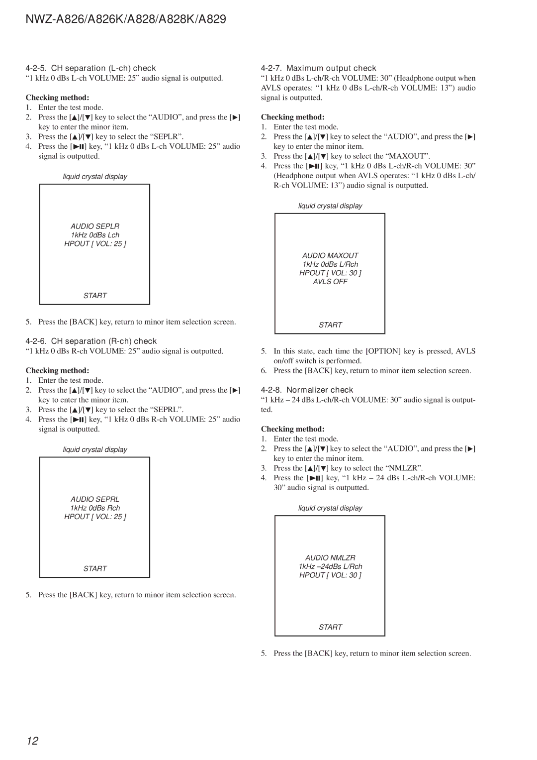 Sony Ericsson NWZ-A829 CH separation L-ch check, CH separation R-ch check, Maximum output check, Normalizer check 