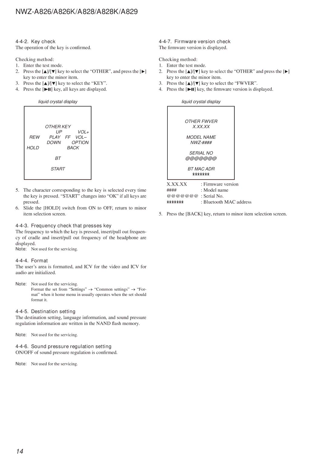 Sony Ericsson NWZ-A828, NWZ-A826K, NWZ-A829 Key check, Frequency check that presses key, Format, Destination setting 