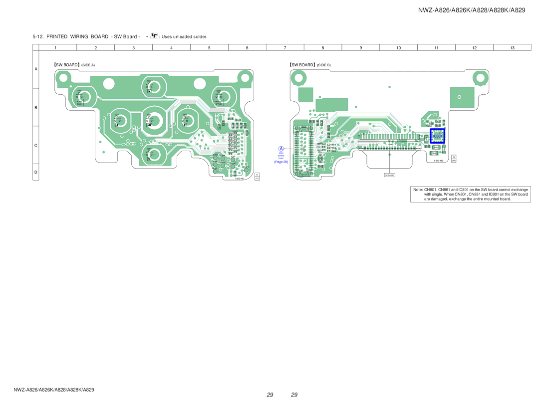 Sony Ericsson NWZ-A826K, NWZ-A829, NWZ-A828K service manual SW Board Side a SW Board Side B, Uses unleaded solder 