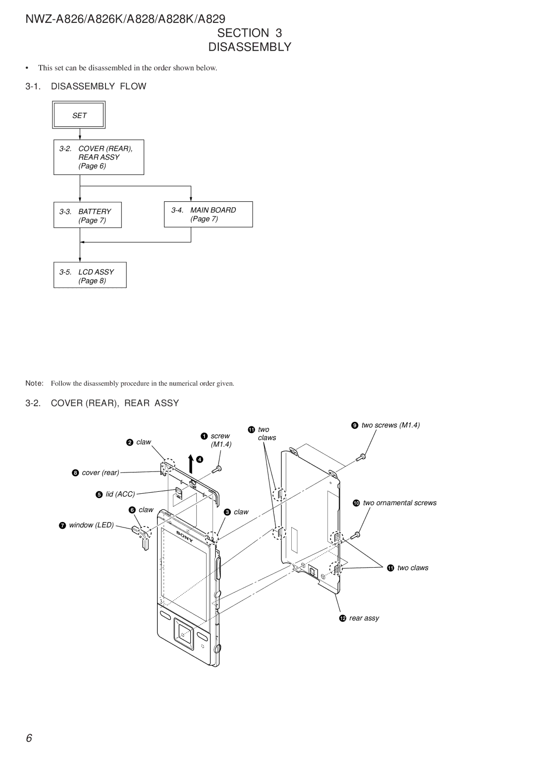 Sony Ericsson NWZ-A826K, NWZ-A829, NWZ-A828K service manual Section Disassembly, Disassembly Flow, Cover REAR, Rear Assy 