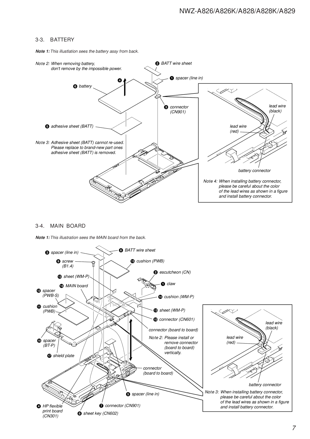 Sony Ericsson NWZ-A829, NWZ-A826K, NWZ-A828K service manual Battery, Main Board 