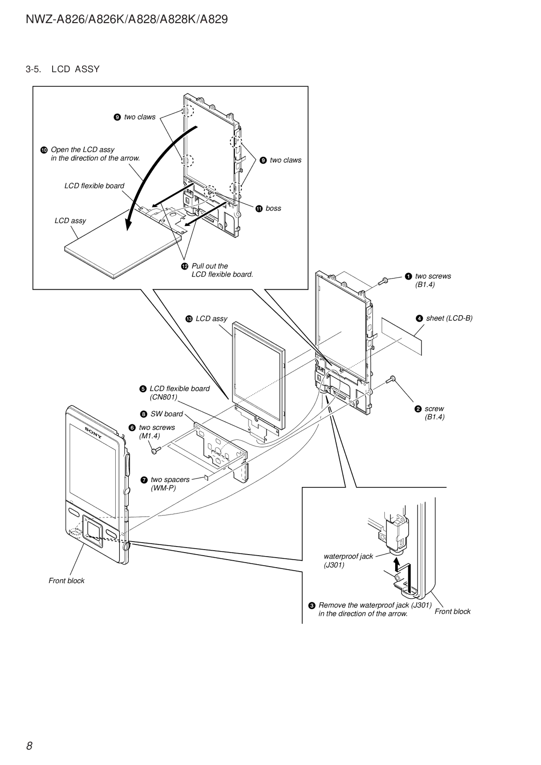 Sony Ericsson NWZ-A828K, NWZ-A826K, NWZ-A829 service manual LCD Assy 