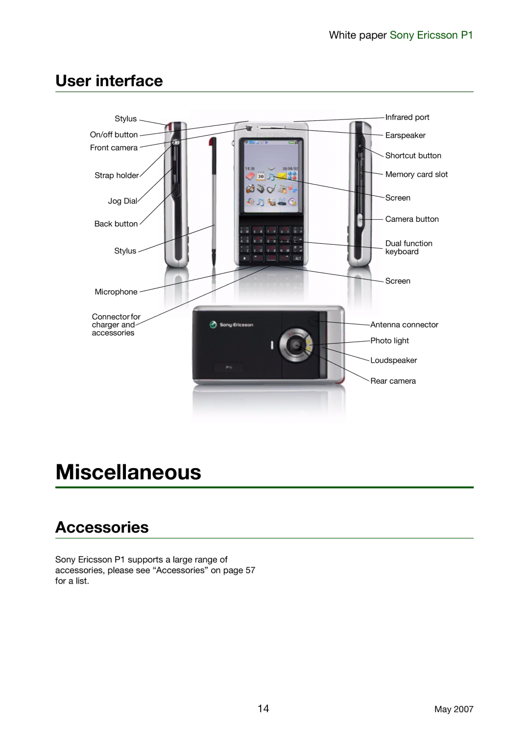 Sony Ericsson P1 manual Miscellaneous, User interface, Accessories 