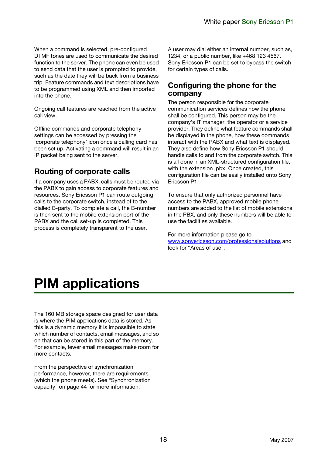 Sony Ericsson P1 manual PIM applications, Routing of corporate calls, Configuring the phone for the company 