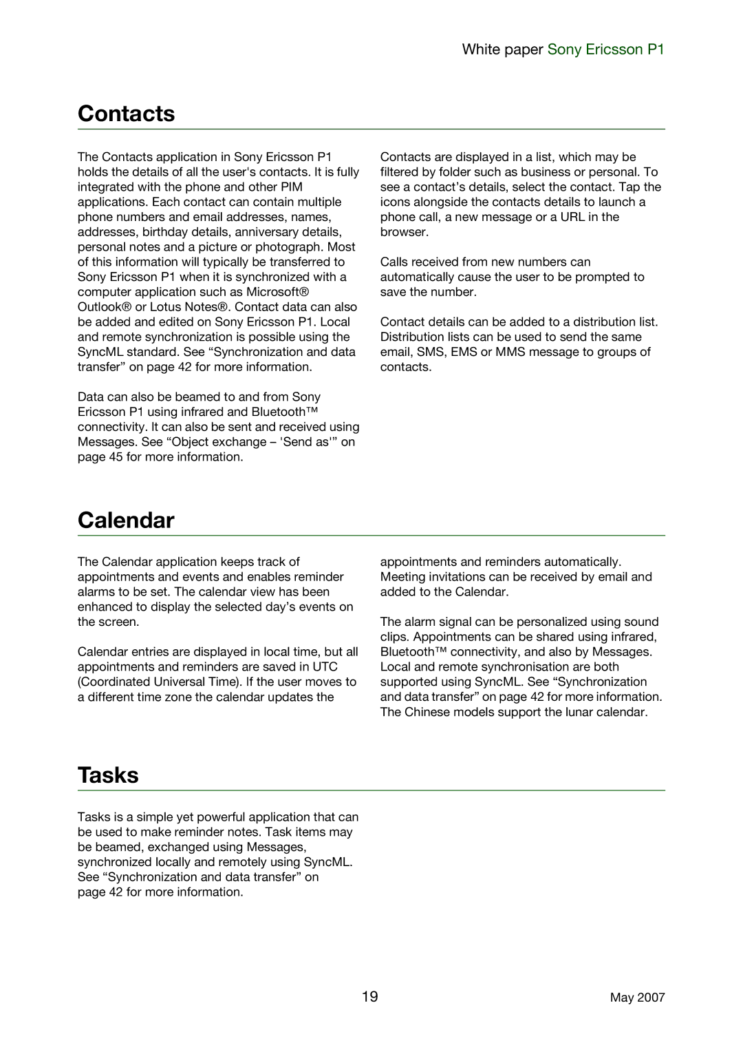 Sony Ericsson P1 manual Contacts, Calendar, Tasks 