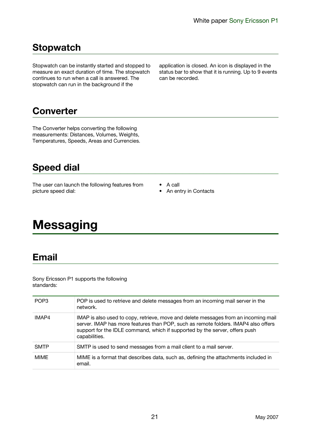 Sony Ericsson P1 manual Messaging, Stopwatch, Converter, Speed dial 