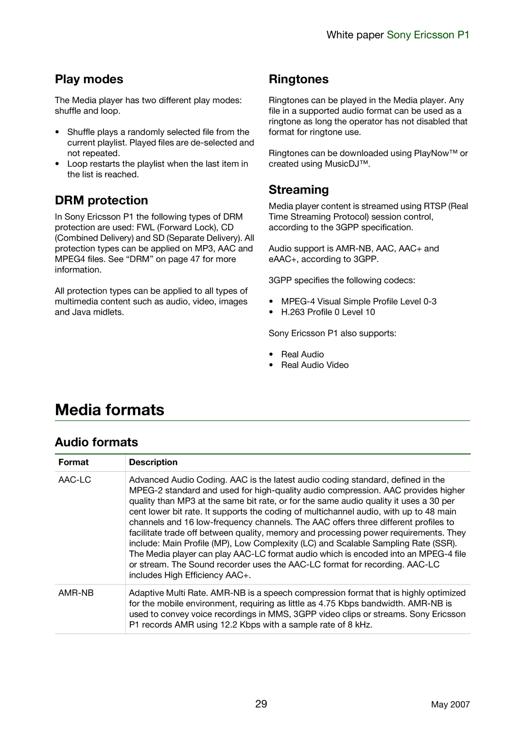 Sony Ericsson P1 manual Media formats 