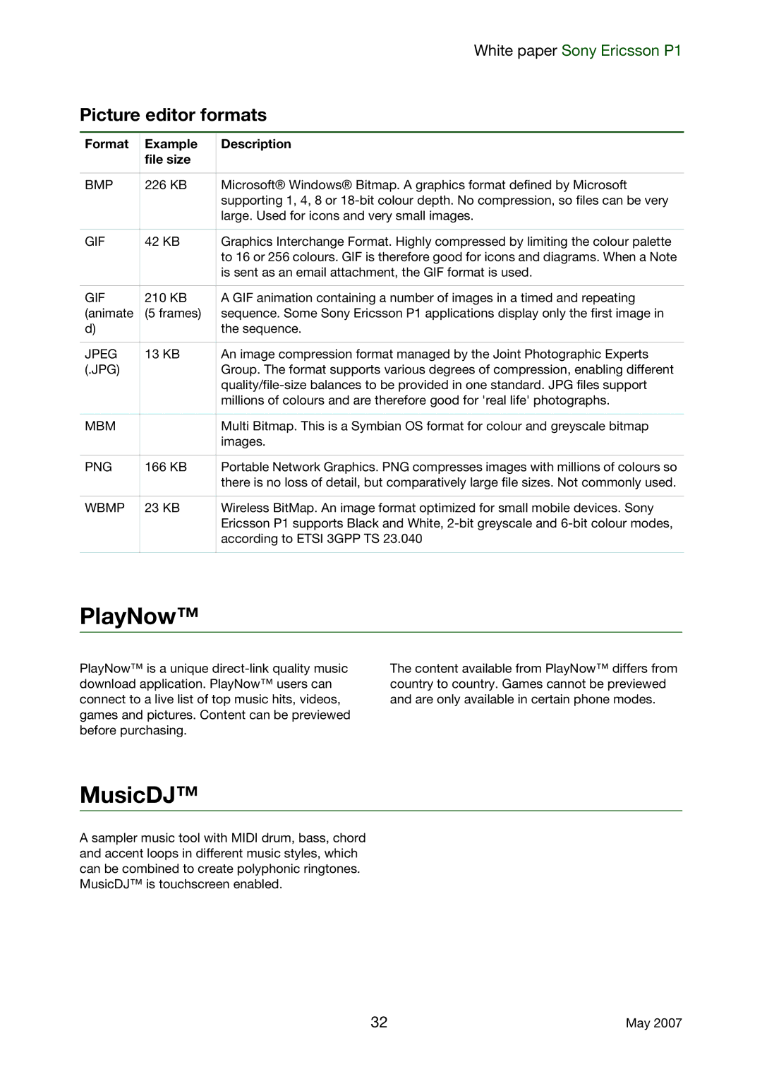 Sony Ericsson P1 manual PlayNow, MusicDJ, Picture editor formats, Format Example Description File size 