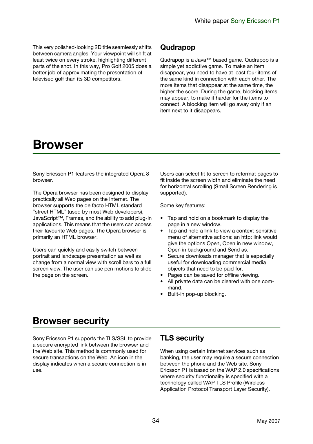 Sony Ericsson P1 manual Browser security, Qudrapop, TLS security 