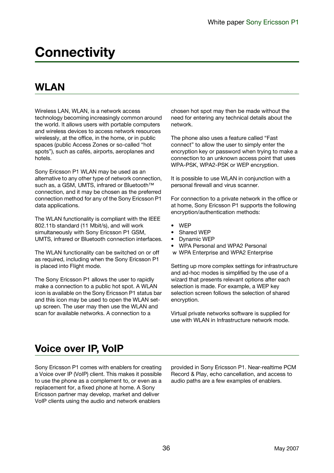 Sony Ericsson P1 manual Connectivity, Voice over IP, VoIP, Wep 