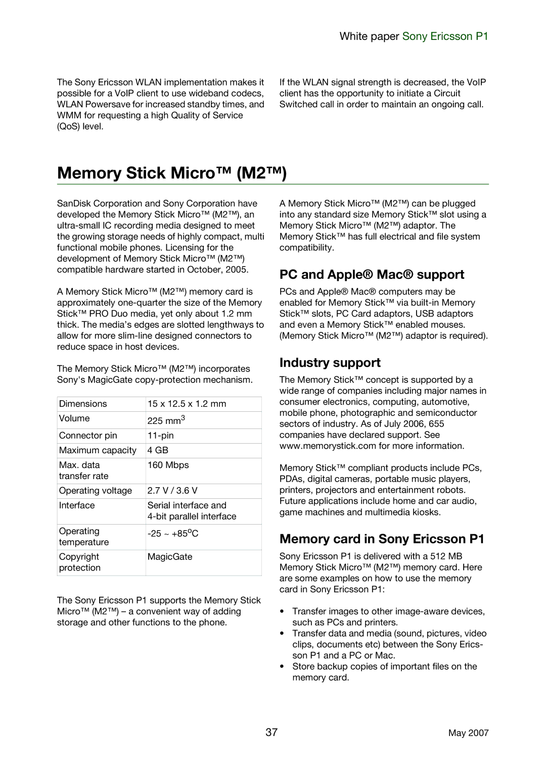 Sony Ericsson manual Memory Stick Micro M2, PC and Apple Mac support, Industry support, Memory card in Sony Ericsson P1 