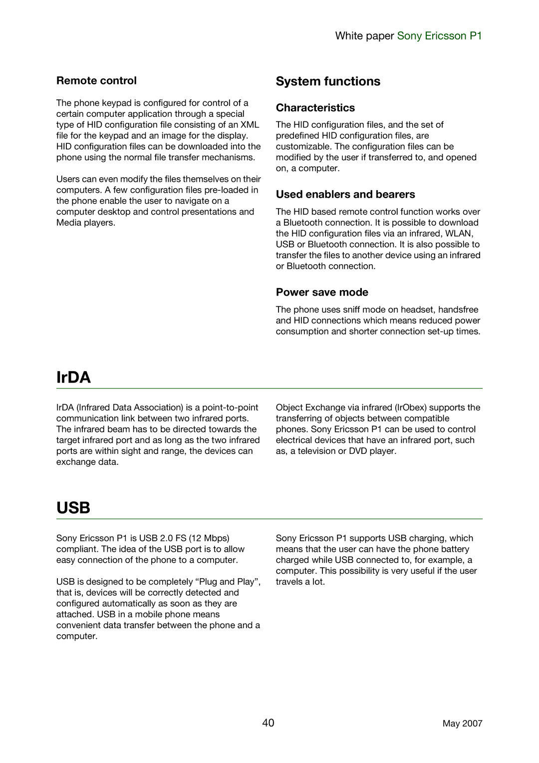 Sony Ericsson P1 manual IrDA, System functions 