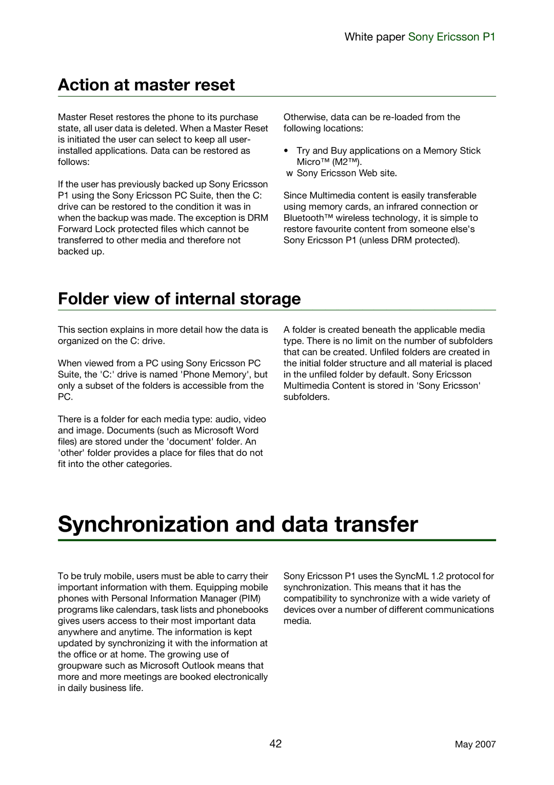 Sony Ericsson P1 manual Synchronization and data transfer, Action at master reset, Folder view of internal storage 