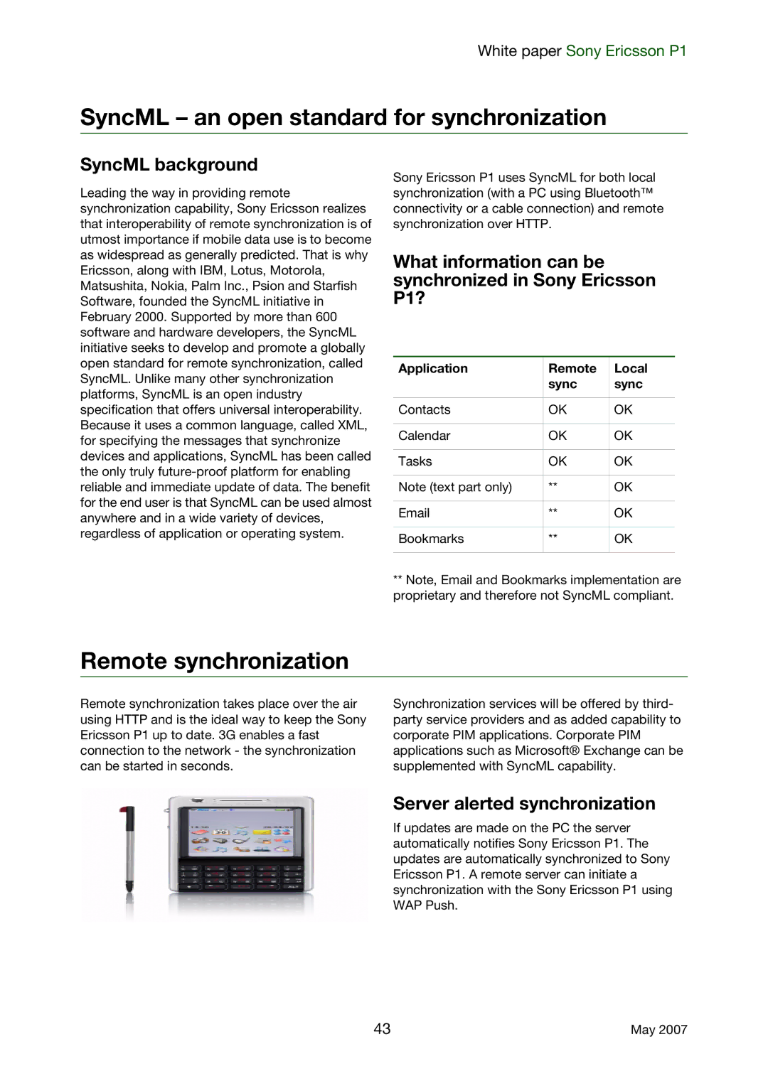 Sony Ericsson P1 manual SyncML an open standard for synchronization, Remote synchronization, SyncML background 