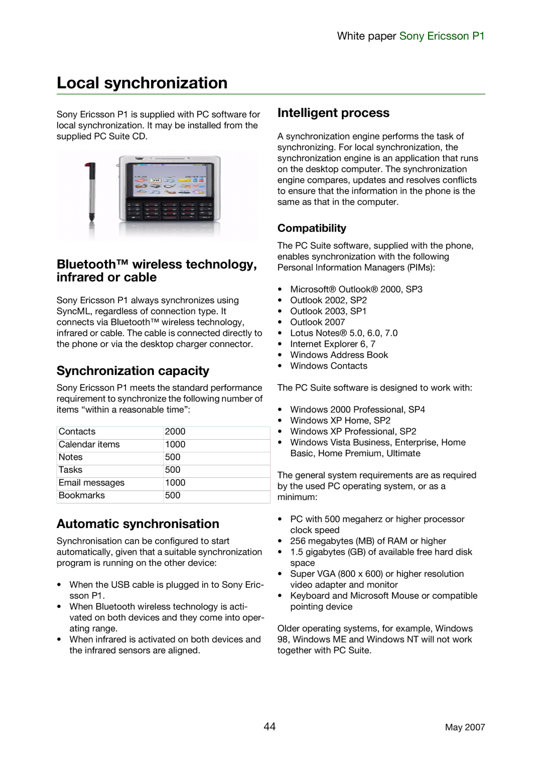 Sony Ericsson P1 manual Local synchronization, Bluetooth wireless technology, infrared or cable, Synchronization capacity 