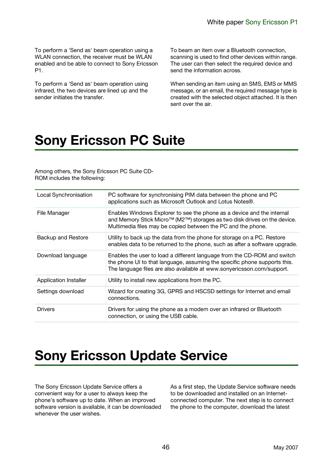 Sony Ericsson P1 manual Sony Ericsson PC Suite, Sony Ericsson Update Service 