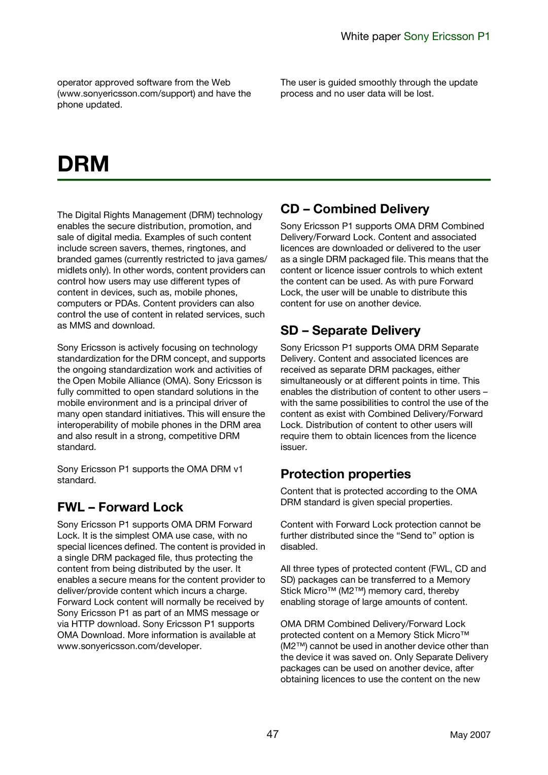 Sony Ericsson P1 manual FWL Forward Lock CD Combined Delivery, SD Separate Delivery, Protection properties 