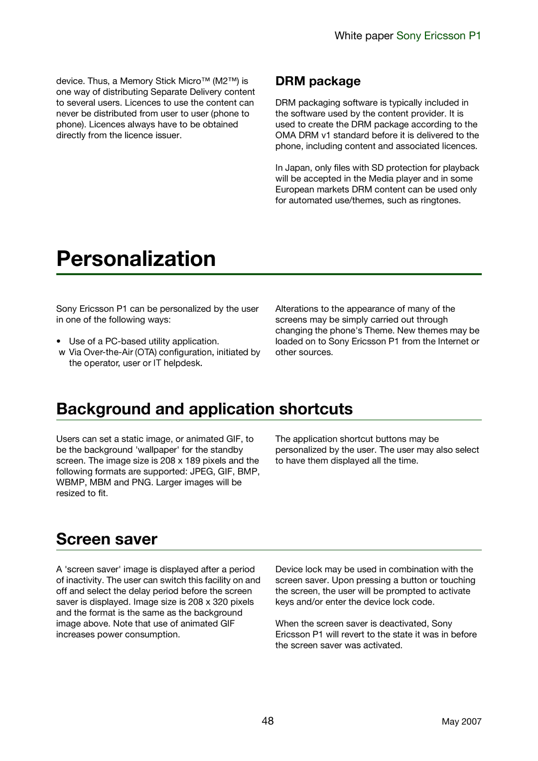 Sony Ericsson P1 manual Personalization, Background and application shortcuts, Screen saver, DRM package 