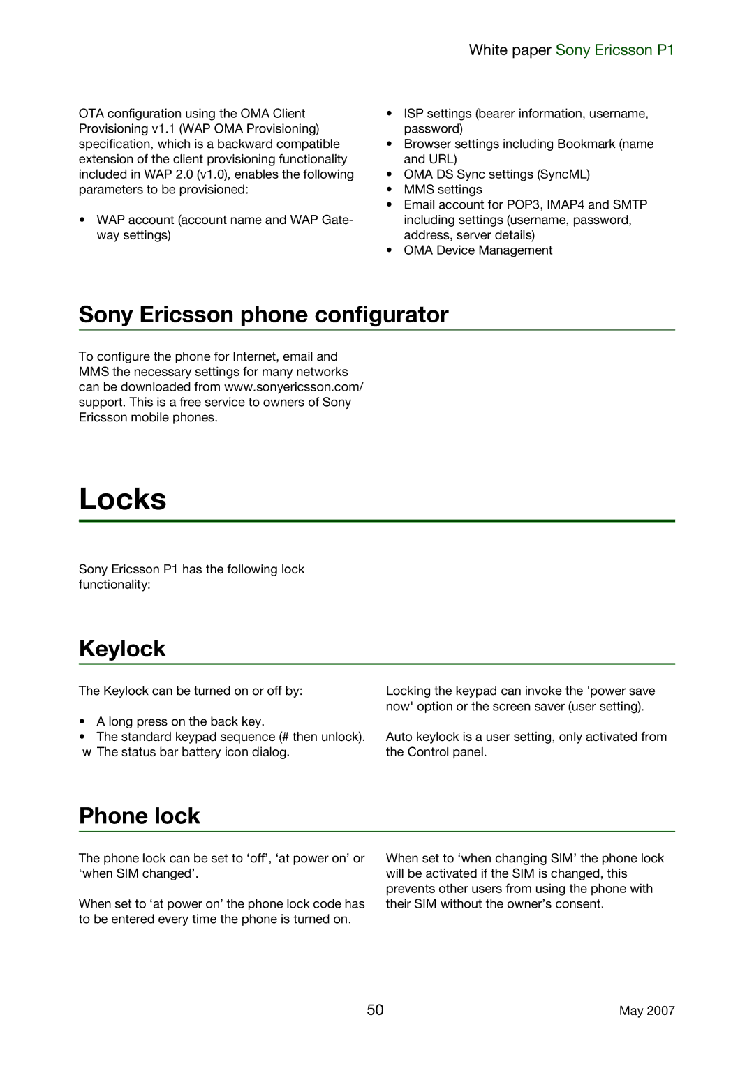 Sony Ericsson P1 manual Locks, Sony Ericsson phone configurator, Keylock, Phone lock 