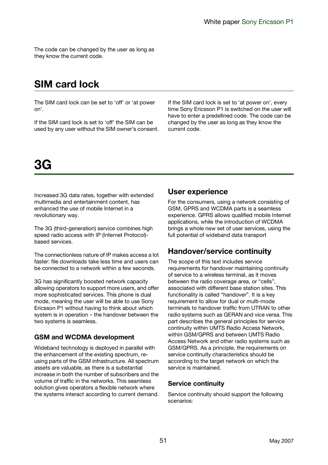 Sony Ericsson P1 manual SIM card lock, User experience, Handover/service continuity, GSM and Wcdma development 