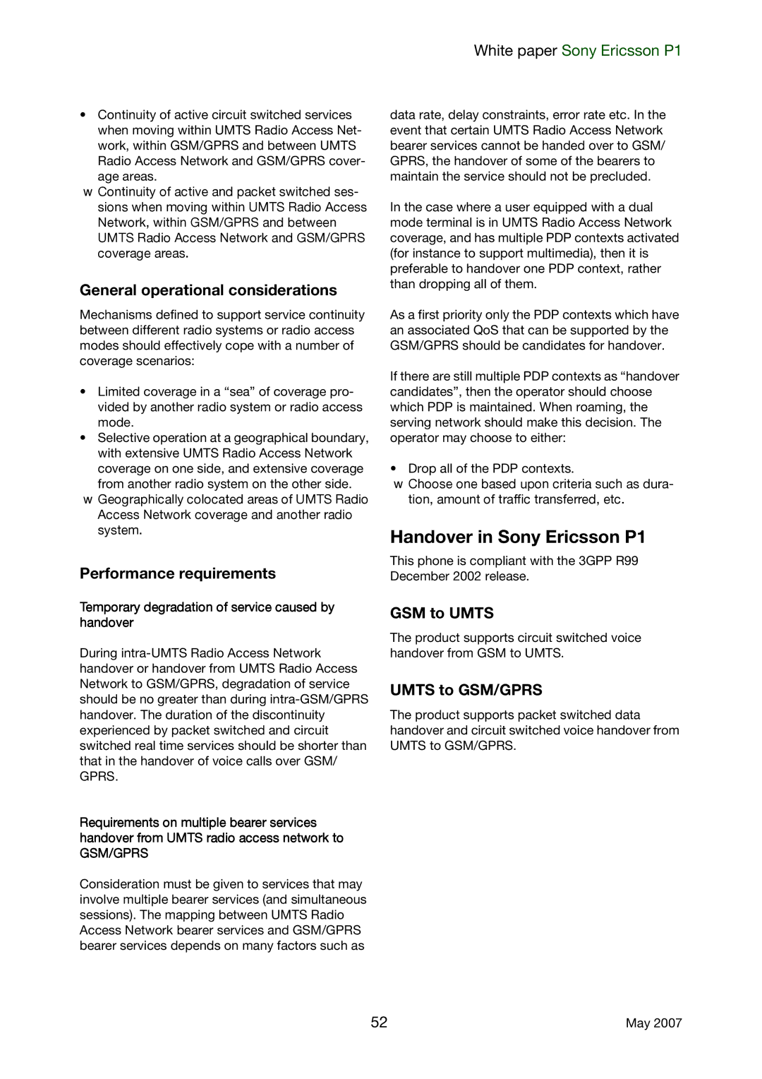 Sony Ericsson Handover in Sony Ericsson P1, General operational considerations, Performance requirements, GSM to Umts 