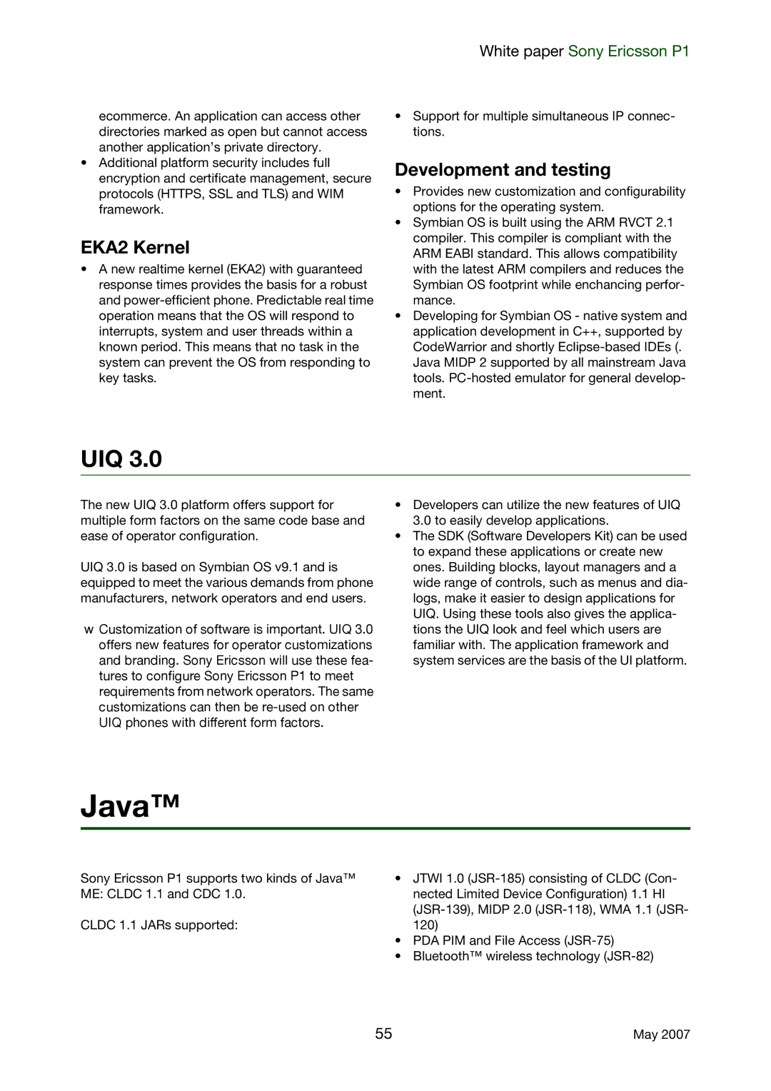 Sony Ericsson P1 manual Java, Uiq, EKA2 Kernel, Development and testing 