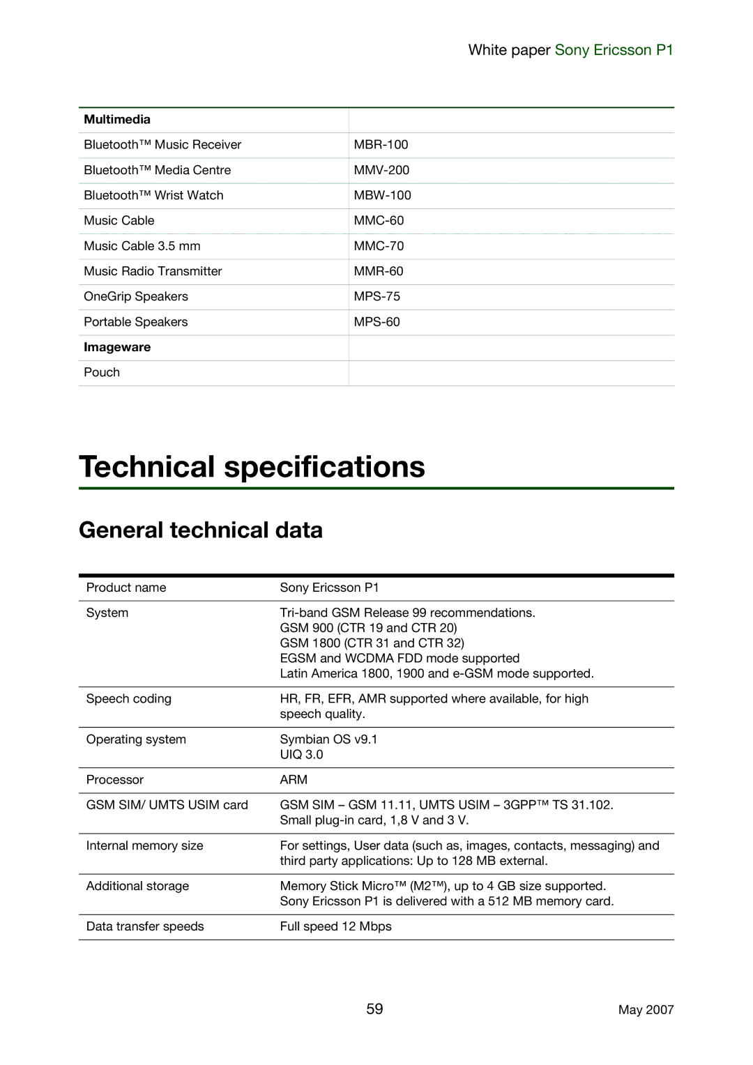 Sony Ericsson P1 manual Technical specifications, General technical data, Multimedia, Imageware, Arm 