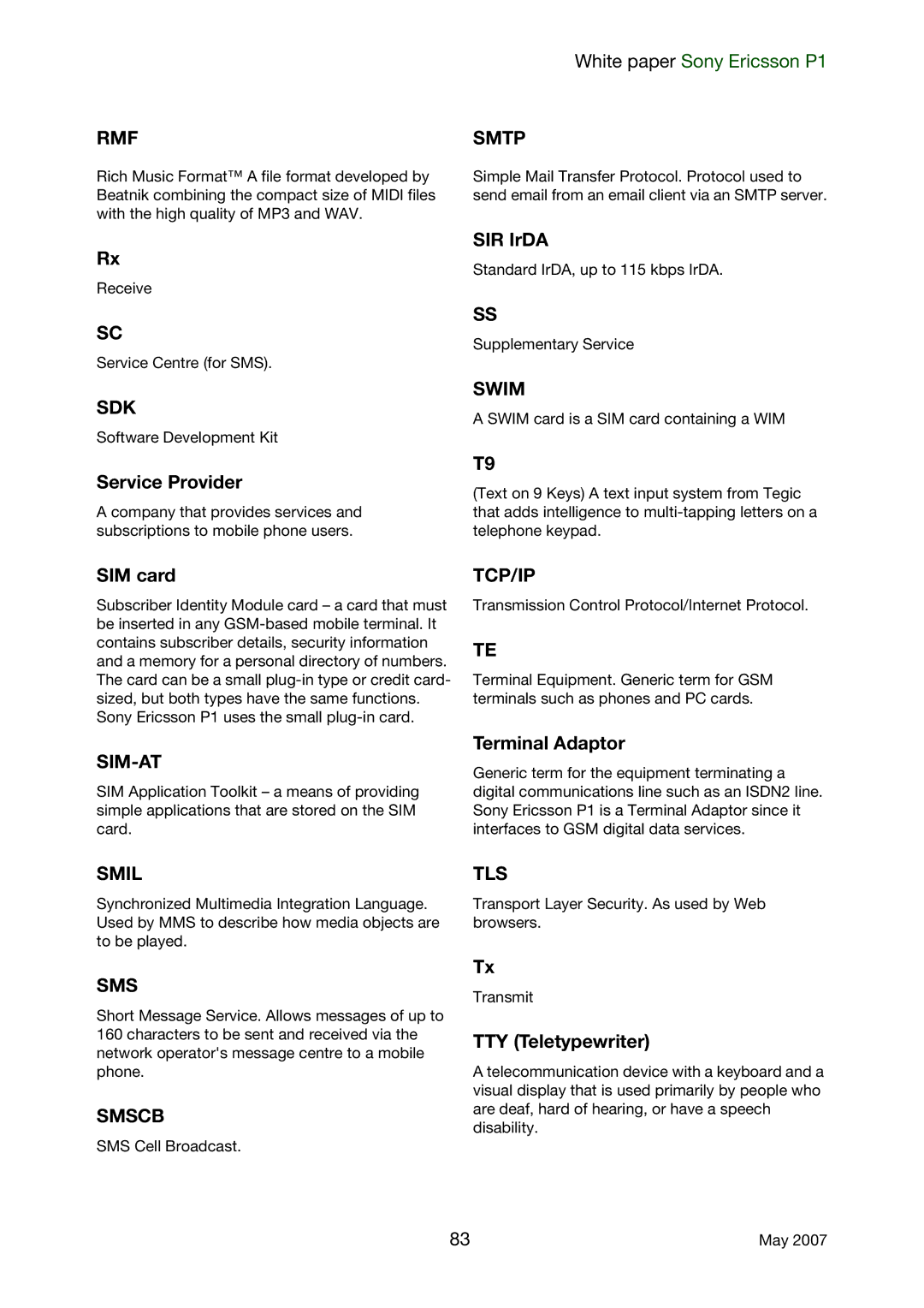 Sony Ericsson P1 manual Service Provider, SIR IrDA, SIM card, Terminal Adaptor, TTY Teletypewriter 