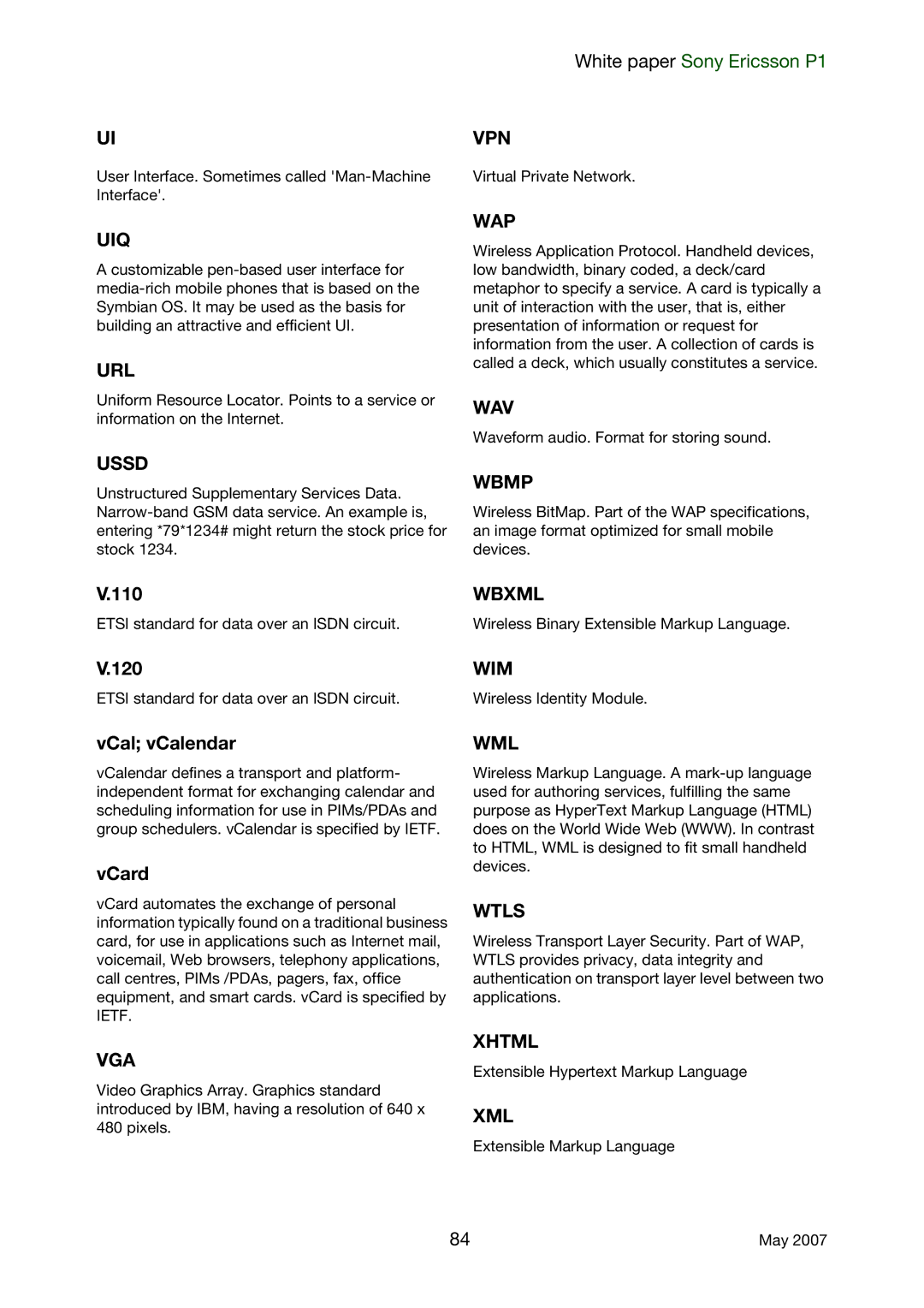 Sony Ericsson P1 manual 110, 120, VCal vCalendar, VCard 