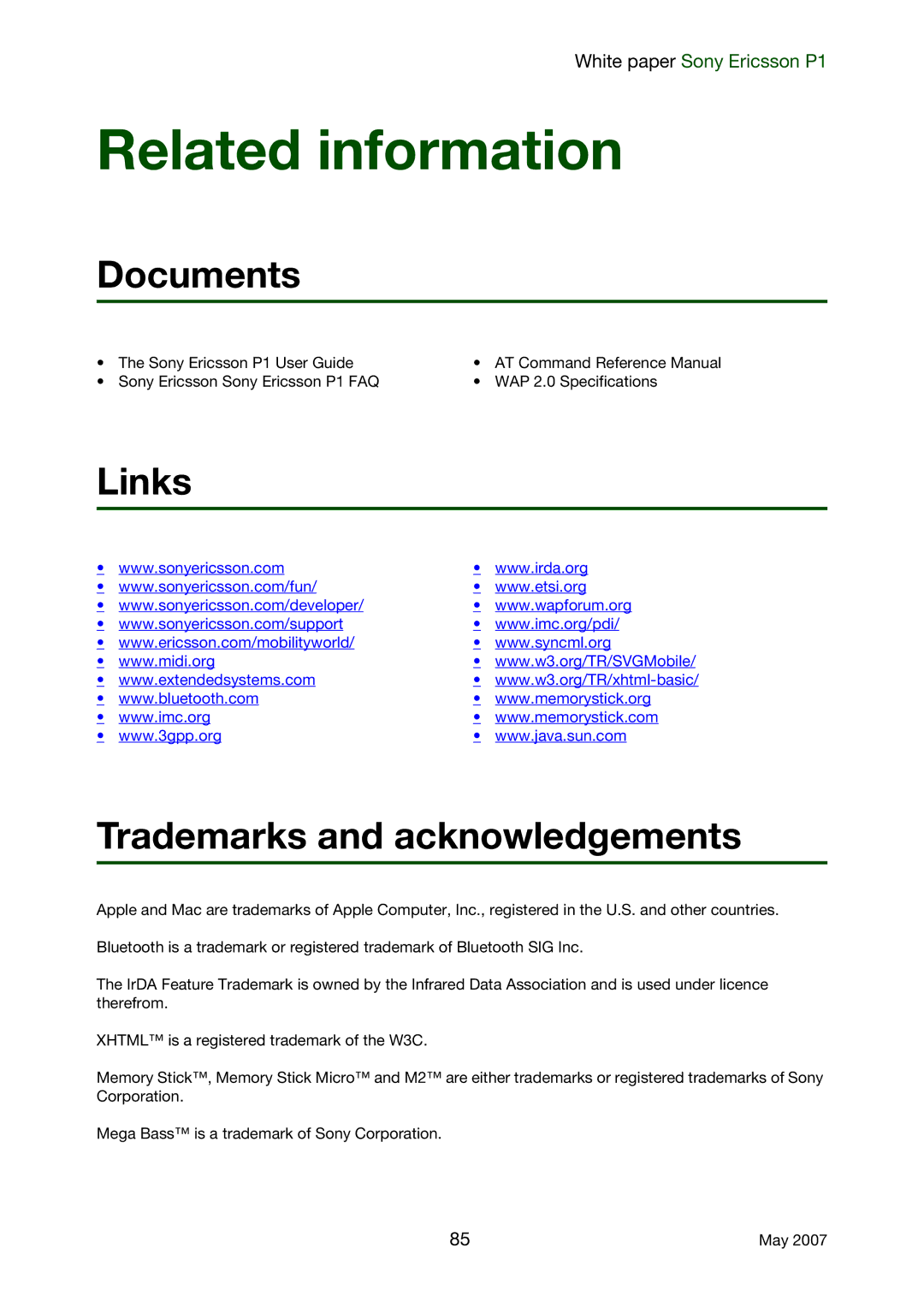 Sony Ericsson P1 manual Documents, Links Trademarks and acknowledgements 