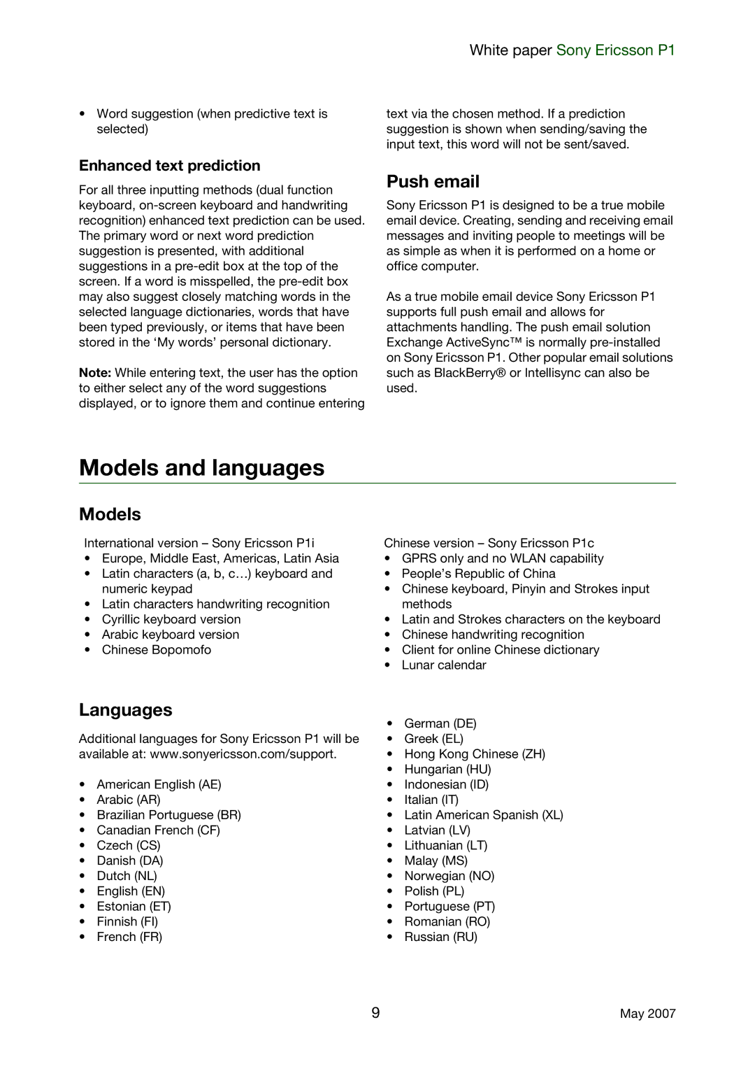 Sony Ericsson P1 manual Models and languages, Push email, Languages, Enhanced text prediction 