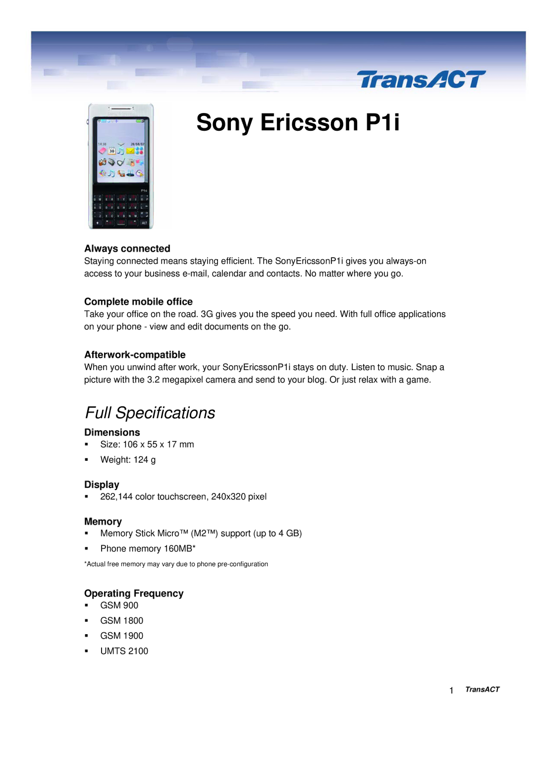 Sony Ericsson P1i specifications Always connected, Complete mobile office, Afterwork-compatible, Dimensions, Display 