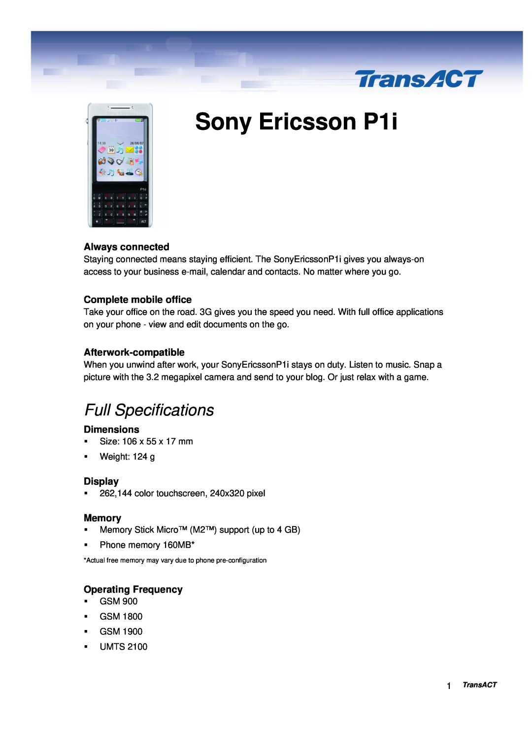 Sony Ericsson specifications Sony Ericsson P1i, Full Specifications 
