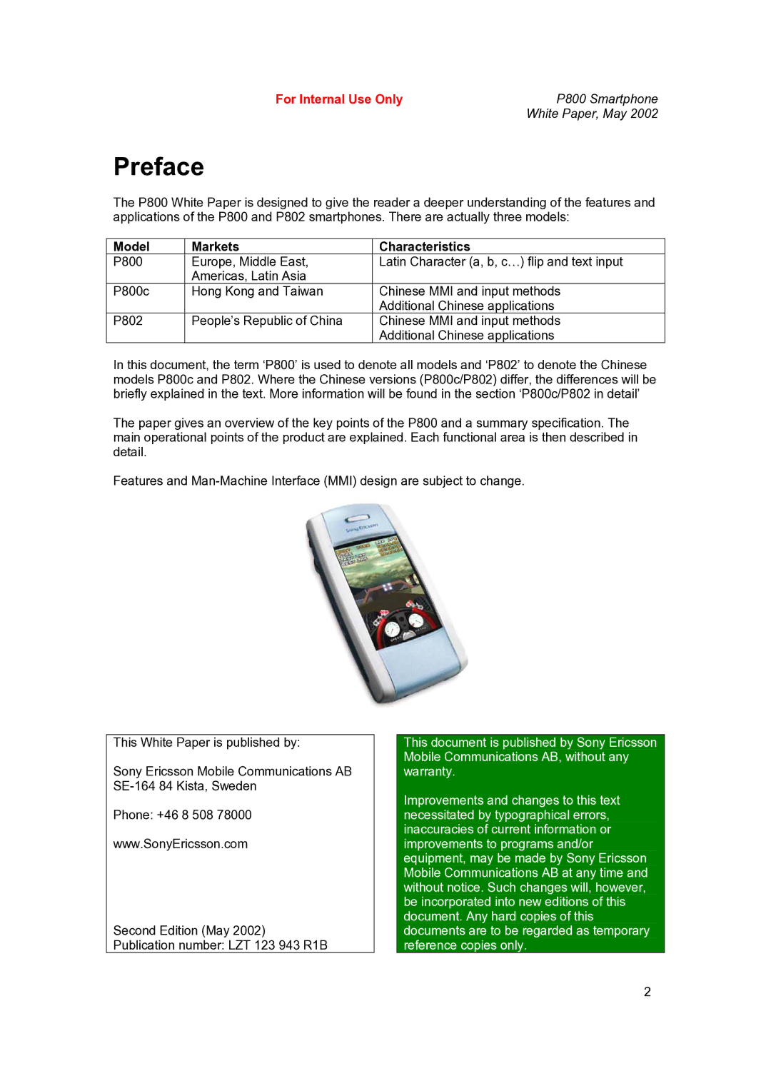 Sony Ericsson P802 manual Preface, Model Markets Characteristics 