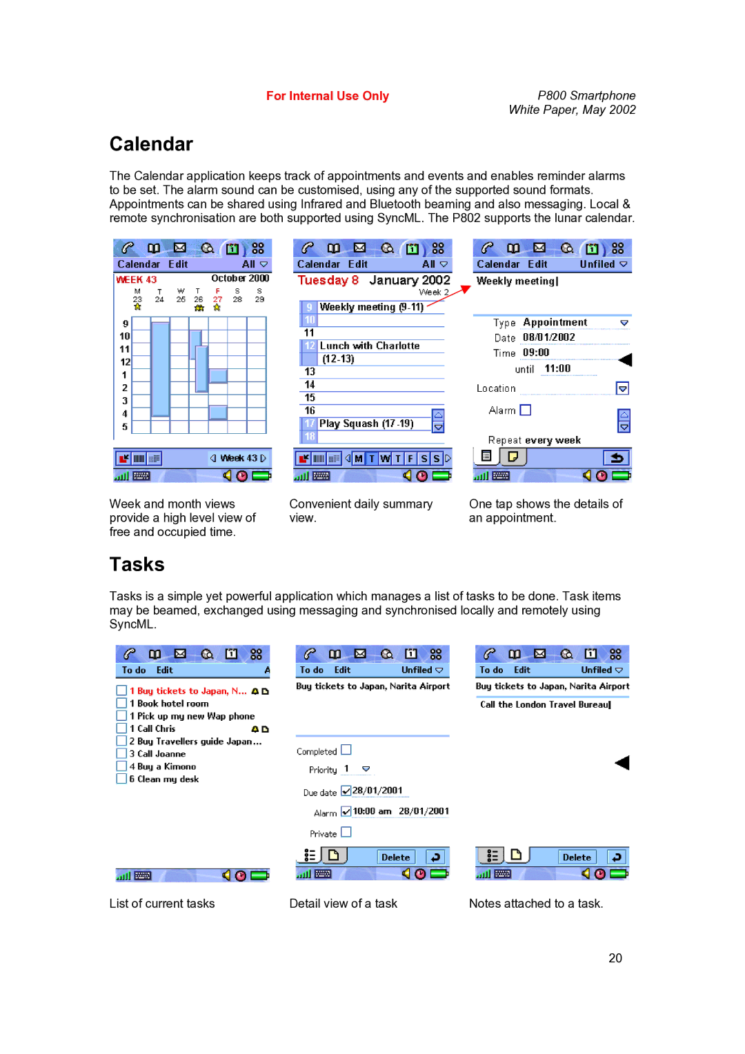 Sony Ericsson P802 manual Calendar, Tasks 