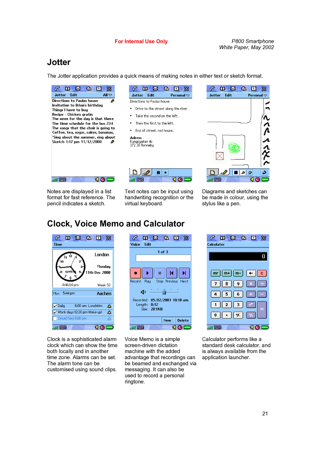 Sony Ericsson P802 manual Jotter, Clock, Voice Memo and Calculator 