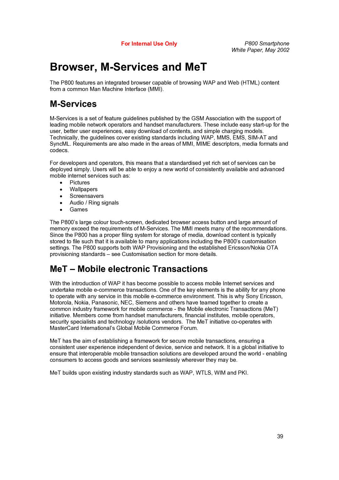 Sony Ericsson P802 manual Browser, M-Services and MeT, MeT Mobile electronic Transactions 