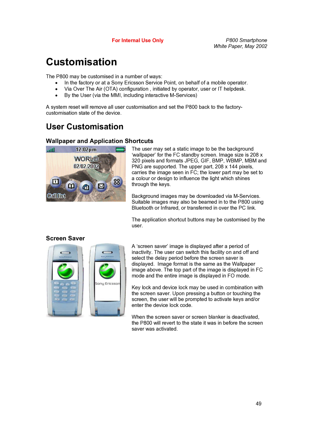 Sony Ericsson P802 manual User Customisation, Wallpaper and Application Shortcuts, Screen Saver 