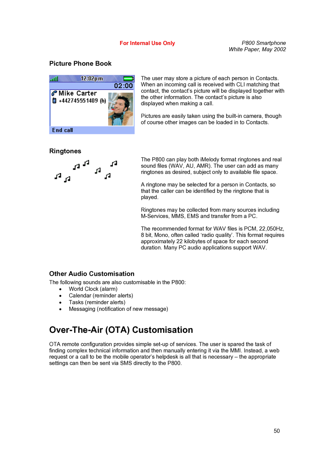 Sony Ericsson P802 manual Over-The-Air OTA Customisation, Picture Phone Book, Ringtones, Other Audio Customisation 