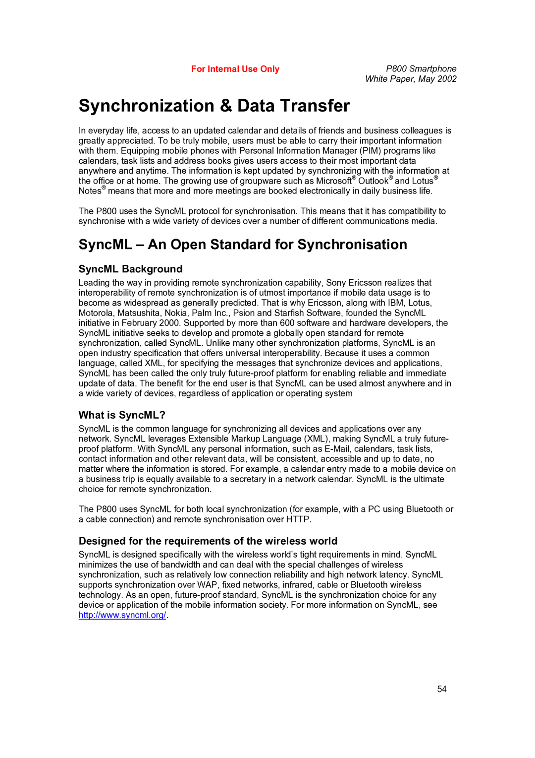 Sony Ericsson P802 manual Synchronization & Data Transfer, SyncML An Open Standard for Synchronisation, SyncML Background 