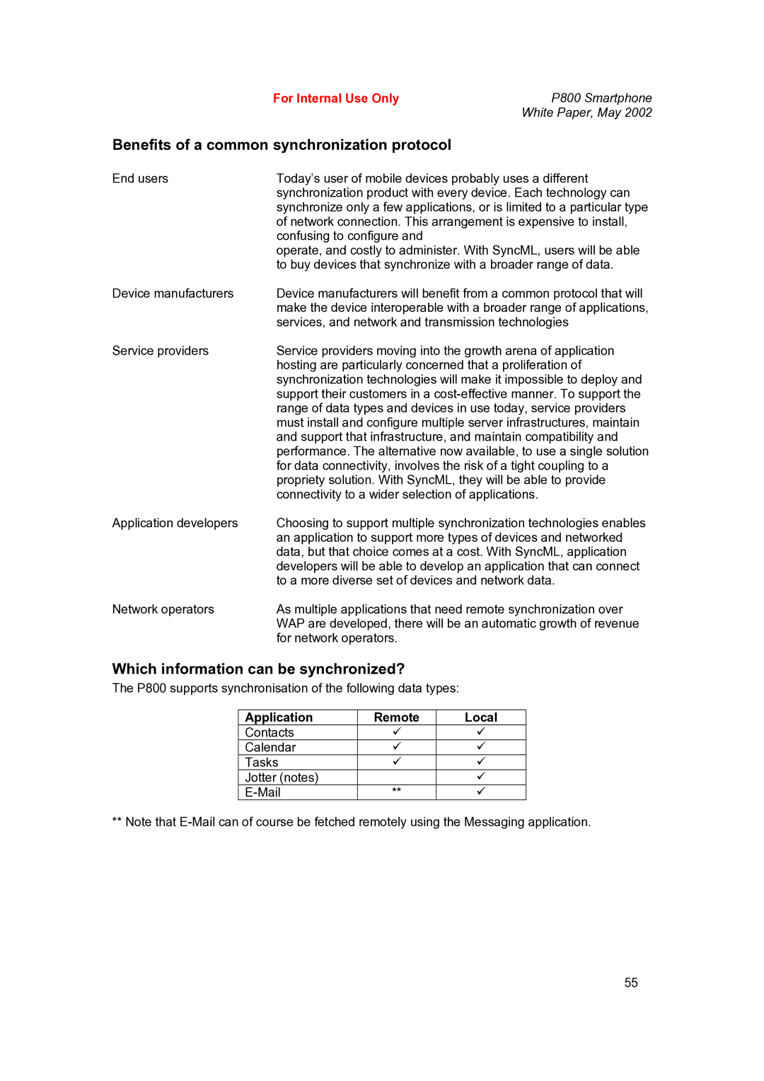 Sony Ericsson P802 manual Which information can be synchronized?, Application Remote Local 